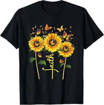 Vintage Faith Cross Sunflower Butterflies Flowers Christians T-Shirt