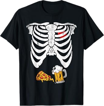 Skeleton Pregnancy B.eer Pizza X-Ray Halloween Costume T-Shirt