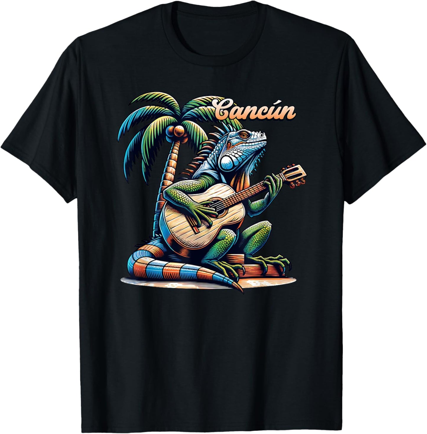 Cancun Iguana Playing Guitar Under A Palm Tree T-Shirt