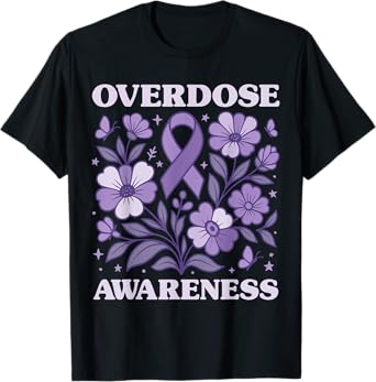 Support Recovery Overdose Awareness Purple Ribbon Floral T-Shirt