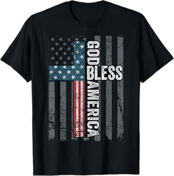 God Bless America - Patriotic Christian Cross USA Flag T-Shirt