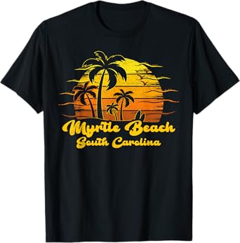 Vintage Retro Palm Tree Sunset South Carolina Myrtle Beach T-Shirt for Men Women Kids