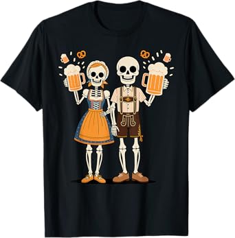 Oktoberfest Skeletons in Lederhosen Costume Drinking Beer T-Shirt