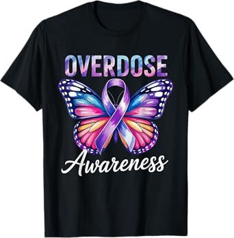 Overdose Awareness Purple Ribbon Butterfly Graphic Tee T-Shirt