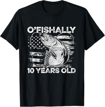 Ofishally 10 Year Old Shirt 10th Birthday Fishing US Flag T-Shirt