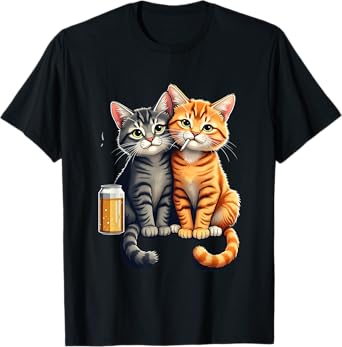 Two Cats With Beer And Cigarette Cartoon Design T-Shirt