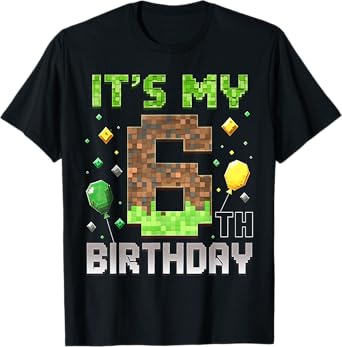 Kids 6th Birthday Gamer Pixel 6 Years Old Video Game Party T-Shirt