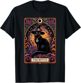 The Witch Cat Tarot Card Halloween Vintage Gothic T-Shirt for Men Women Kids