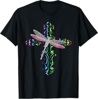 Rainbow Dragonfly Cross Christian Religious Faith Jesus T-Shirt