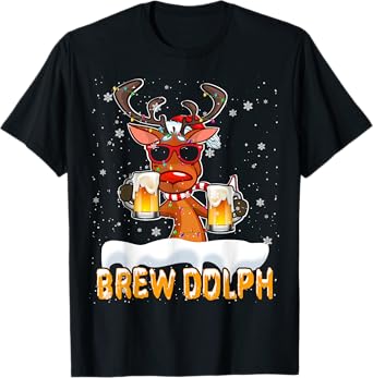 Brew Dolph Christmas Lights Santa Reindeer Beer Drinking T-Shirt