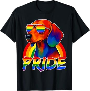 Funny Dachshund Dog Rainbow Flag Sunglasses Gay Pride LGBT Men Women Kids T-Shirt