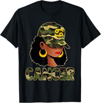 Cancer Queen Camouflage Black Woman Cap Zodiac Sign T-Shirt