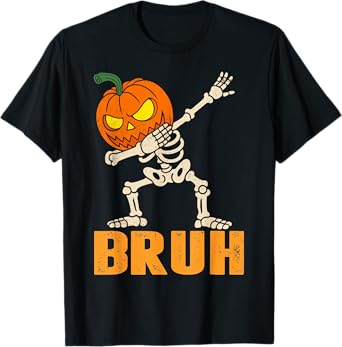 Bruh Skeleton Halloween Dabbing Boys Pumpkin Jack O Lantern T-Shirt