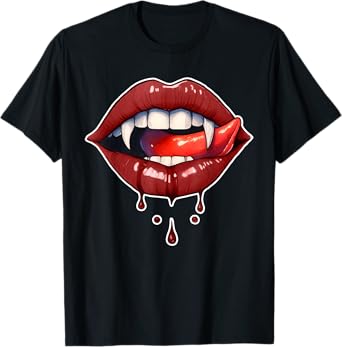 Halloween Horror Costume Bloody Teeth Vampire Fangs Red Lips T-Shirt