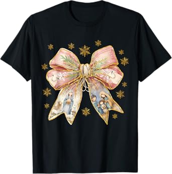 Jesus Christmas Coquette Bow Nativity Scene Christian Women T-Shirt