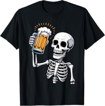 Skeleton Drinking Beer Halloween Party Funny Mens Womens T-Shirt