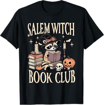 Salem WItch Book Club Halloween Raccoon Witch Reading Book T-Shirt