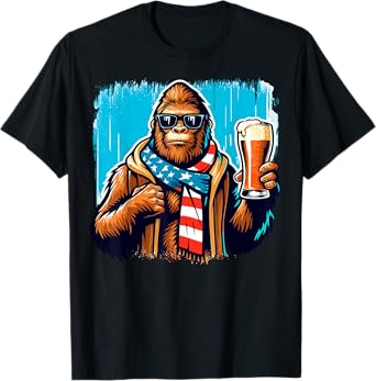 Bigfoot Holding Beer USA Flag Sasquatch 4th of July T-Shirt