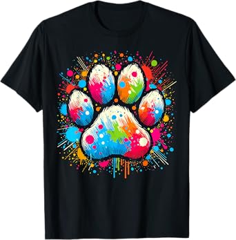 Dog Paw Lover Print Colorful Paw Dog T-Shirt, Unisex-Adults & Kids, Black, Small, Short Sleeve, Crew Neck, Classic Fit