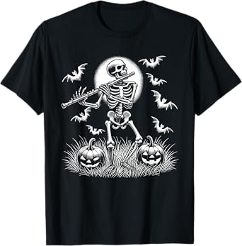 Funny Flute Skeleton Flutist Halloween Mens Womens Kids T-Shirt
