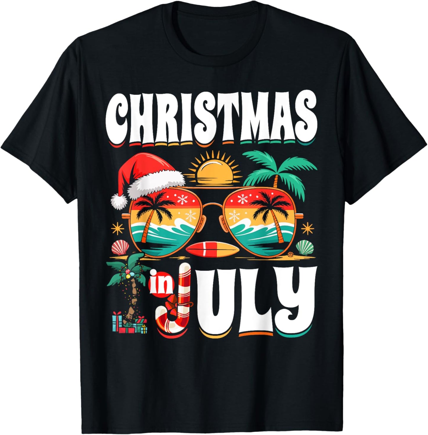 Christmas In July Beach Sunglasses Santa Palm Trees Sun T-shirt