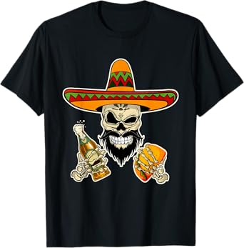Mexican Sugar Skull with Tacos and Beer Funny T-Shirt T-Shirt