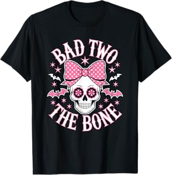 Bad Two The Bone Skull Pink Bow Stars T-Shirt
