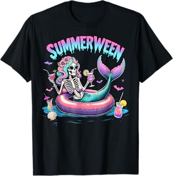 Summerween Mermaid Skeleton Beach Flamingo Halloween Girl T-Shirt