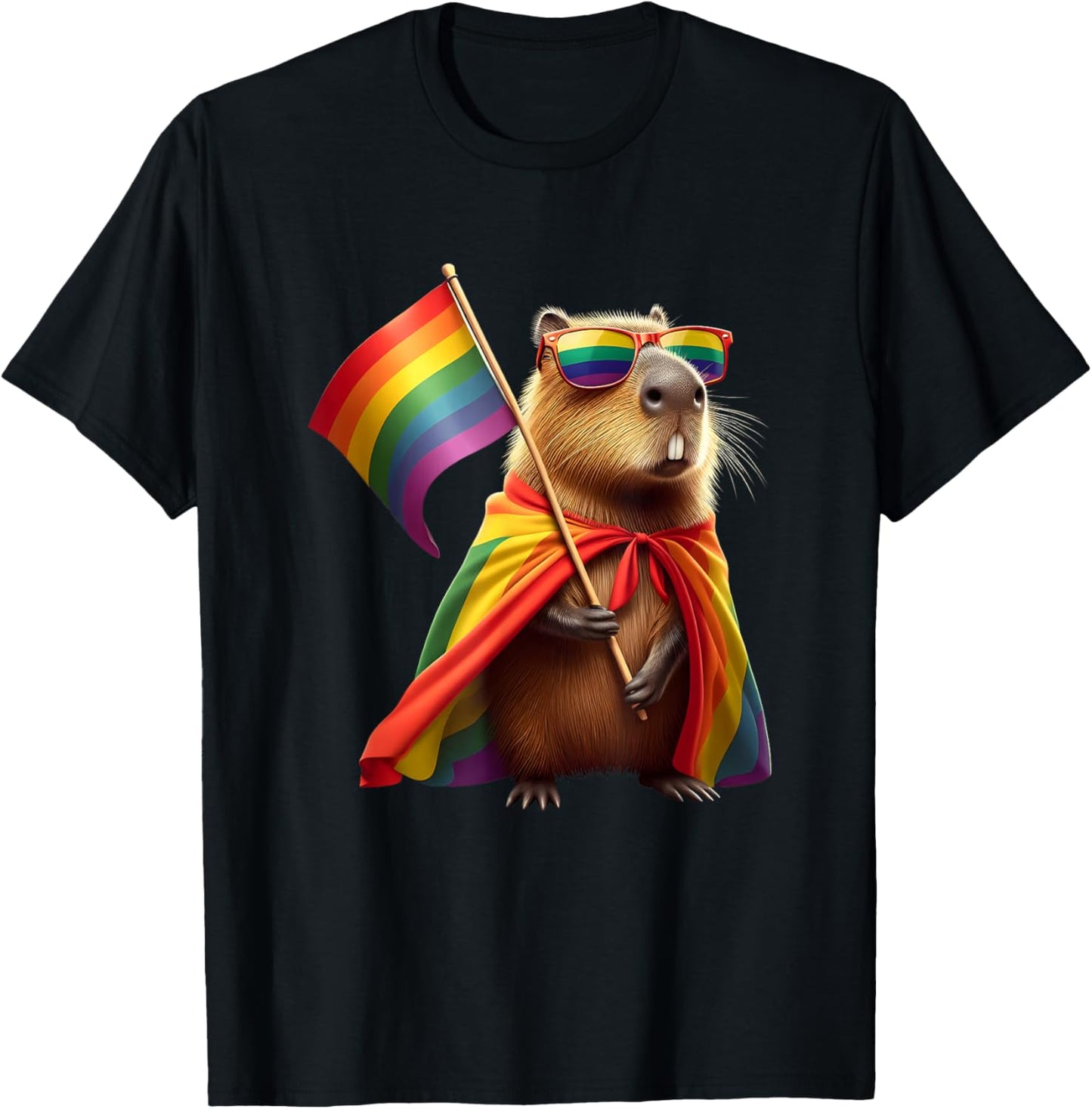 Capybara Holding Rainbow Flag LGBTQ Pride Les Gay Support T-Shirt