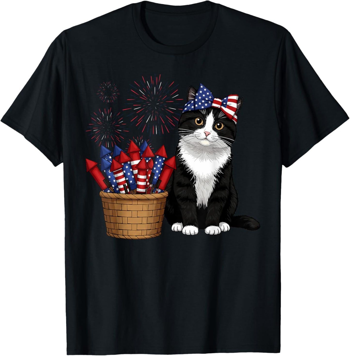 4th Of July Cat and Fireworks Design for Men Women Kids T-Shirt