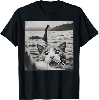 Cat Selfie With Loch Ness Monster Funny Cats Men Women Kids T-Shirt