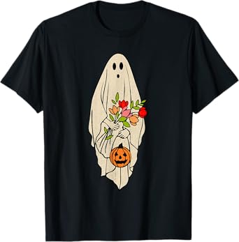 Retro Vintage Ghost Floral Pumpkin Halloween Womens Girls T-Shirt