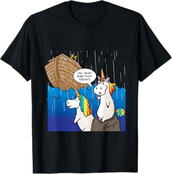 Two Unicorns Missing Ark Noah During Rain Funny Christian T-Shirt