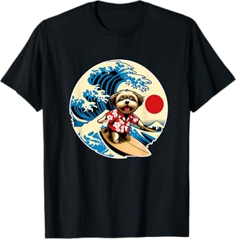 Great Wave Kanagawa Morkie dog Surfing T-Shirt for Men Women Kids