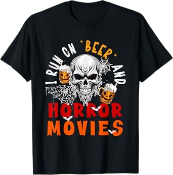 Running On Beer and Horror Movies Halloween Skull Drinker T-Shirt