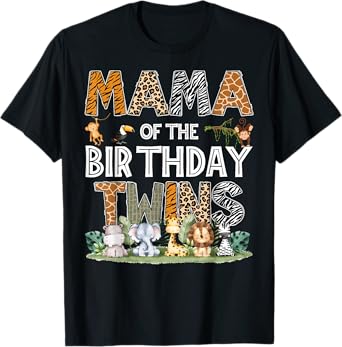 Mama Of The Birthday Twins Safari Wild One Zoo Animal T-Shirt