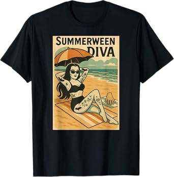 Summerween Diva Beach Gothic Retro Tattoo Art T-Shirt
