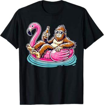 Bigfoot Chilling on Flamingo Float with Beer Fun Summer Vibe T-Shirt