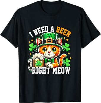I Need A Beer Right-Meow Irish Beer Cat Patrick Day Drinking T-Shirt