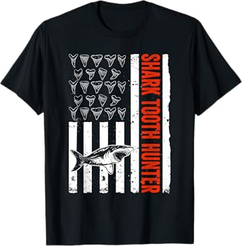 Shark Teeth Collecting US Flag Shark Tooth Hunter T-Shirt