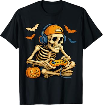 Spooky Skeleton Playing Video Games, Halloween Day Gamer T-Shirt