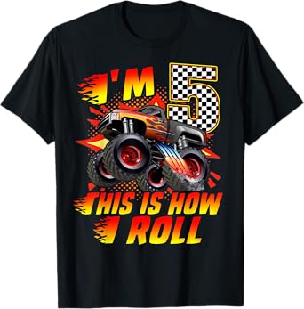 I'm 5 This Is How I Roll Monster Truck Car 5th Birthday Boys T-Shirt