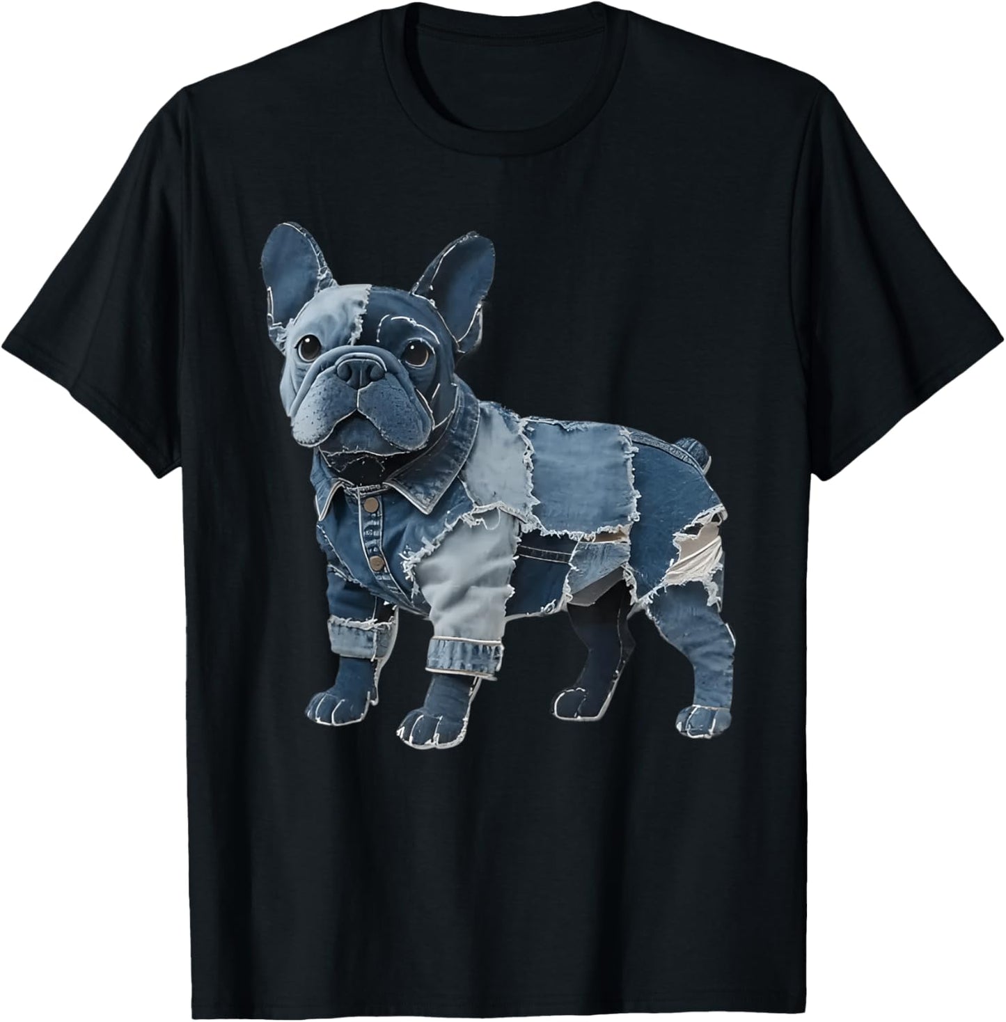 Bulldog Pattern Patchwork Art French Bulldog In Denim Dog T-Shirt