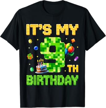Funny Birthday Boy Kid It's My 9th Birthday Video Game Pixel T-Shirt