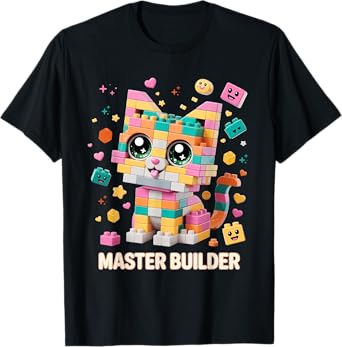 Cat Brick Building Blocks Master Builder Cat Lover Kitten T-Shirt for Men Women Kids