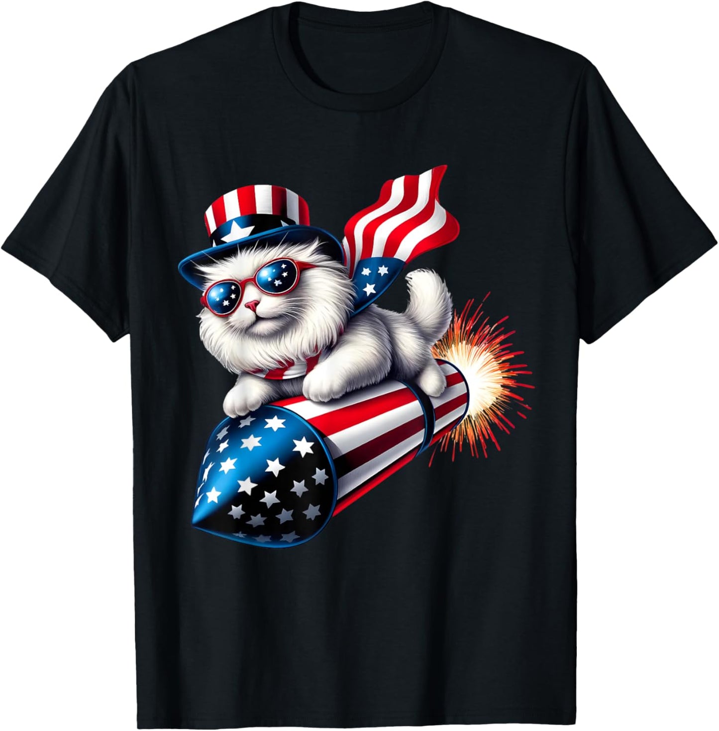 Funny 4th of July Patriotic Cat Rocket With Fireworks USA T-Shirt