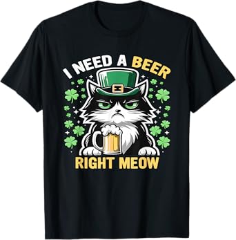 Black Cat I Need A Beer Right Meow T-Shirt for Men Women