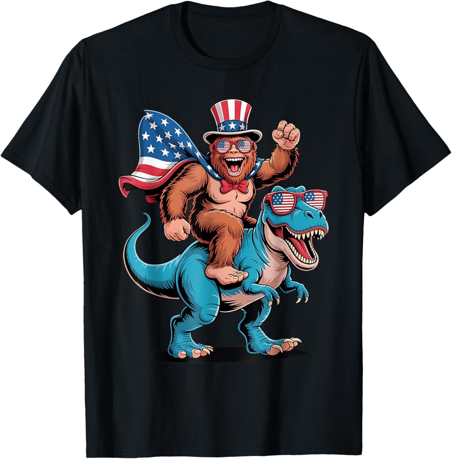 Funny Bigfoot Riding T Rex Funny 4th Of July American Flag T-shirt