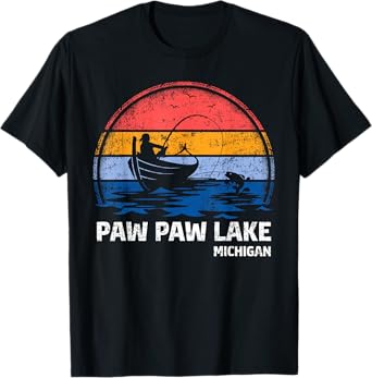 Vintage Retro Michigan Paw Paw Lake Summer Fishing T-Shirt for Men Women Girls Kids