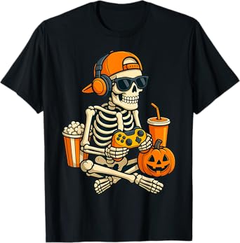 Halloween Skeleton Gamer Video Gaming Boys Men Kids Tees T-Shirt